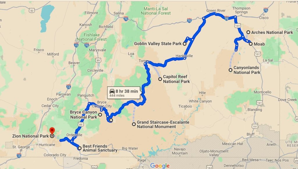 map of route through Utah parks