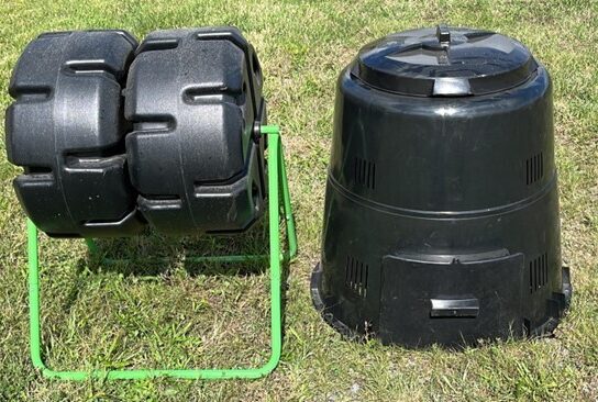 Two Compost bins in the grass