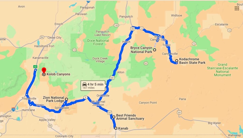 map of Utah parks route