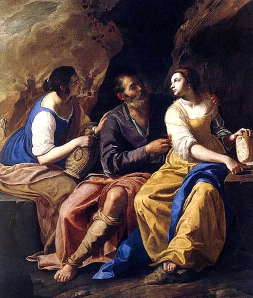 painting of Lot and two daughters living in a cave